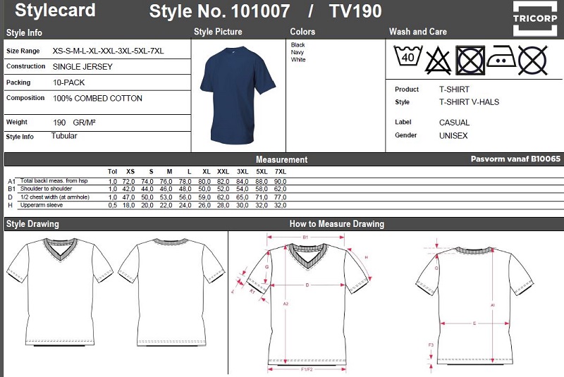 Maattabel voor T-shirt Tricorp TV190 V-hals