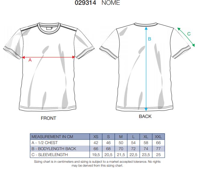 Maattabel voor T-Shirt Clique Nome 029314