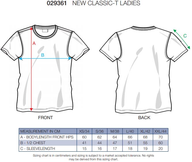 Maattabel voor Dames T-shirt Clique New Classic
