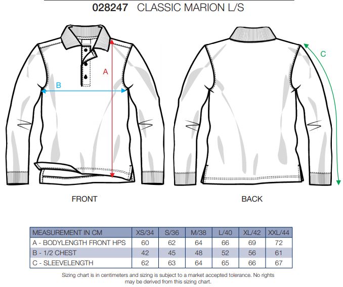 Maattabel voor Dames Polo Clique Classic Marion Long Sleeve
