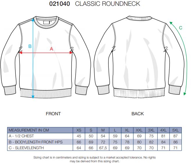 Maattabel voor Sweater Clique Classic Roundneck
