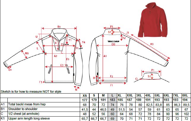 Maattabel voor Fleecesweater Tricorp FL320