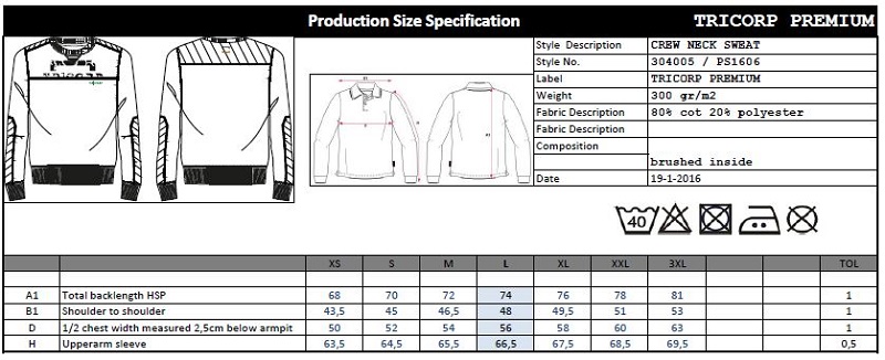 Maattabel voor Heren Sweater Tricorp Premium 304005