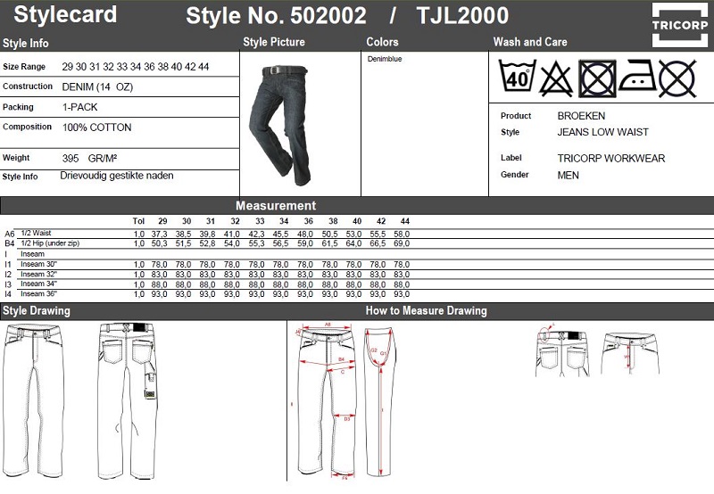 Maattabel voor Jeans Tricorp TJL2000 Low Waist