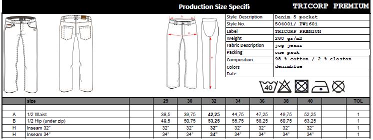 Maattabel voor Heren Jeans Tricorp Premium Stretch 504001