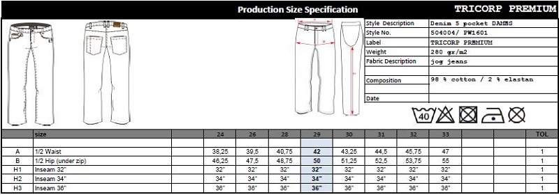 Maattabel voor Dames Jeans Tricorp Premium Stretch 504004