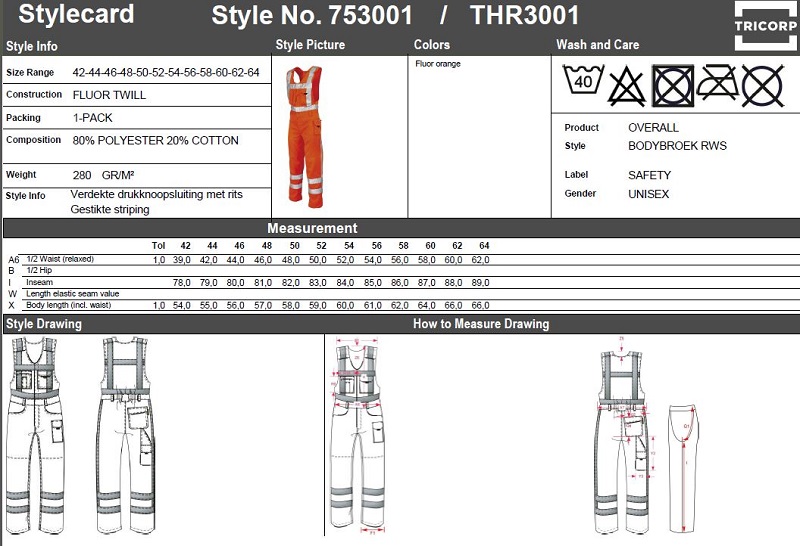 Maattabel voor Bodybroek Tricorp THR3001 RWS