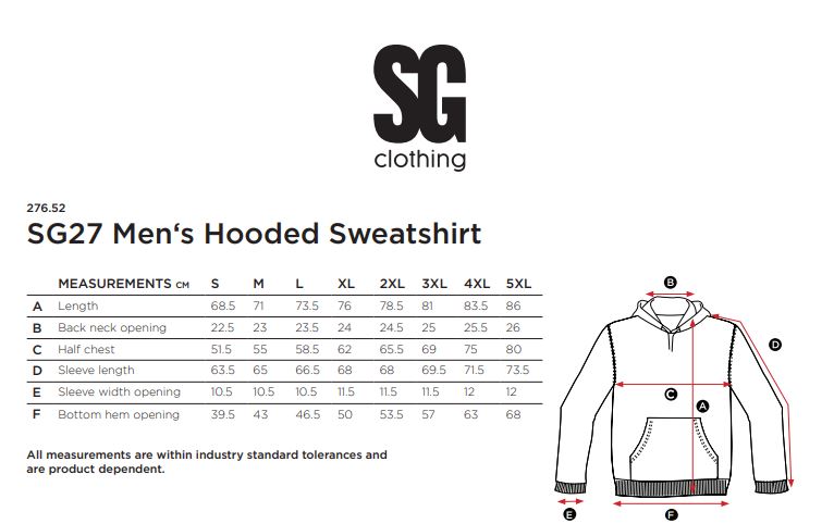Maattabel voor Sweater SG Ladies Hooded basic