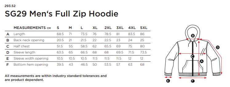 Maattabel voor Sweater SG Hooded Zipped Basic