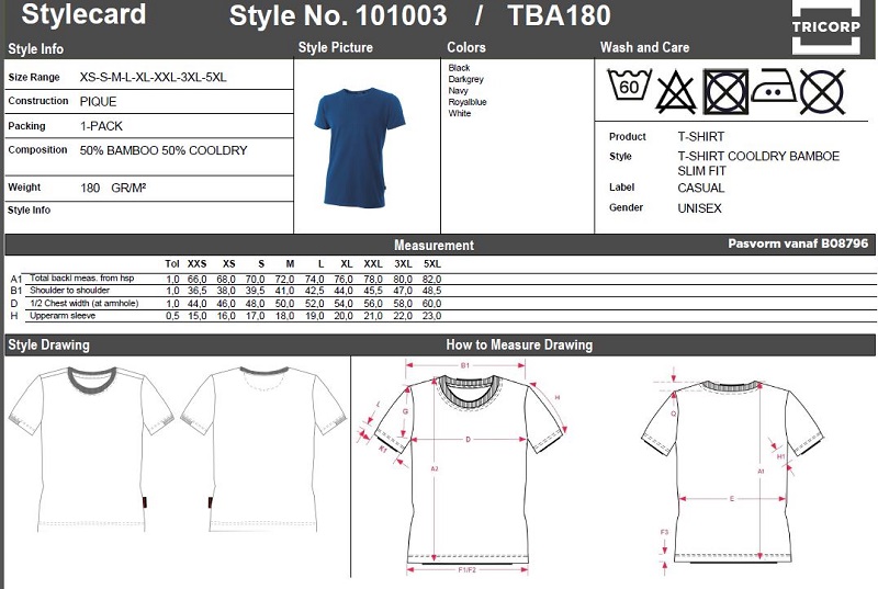 Maattabel voor T-shirt Tricorp Bamboo TBA180