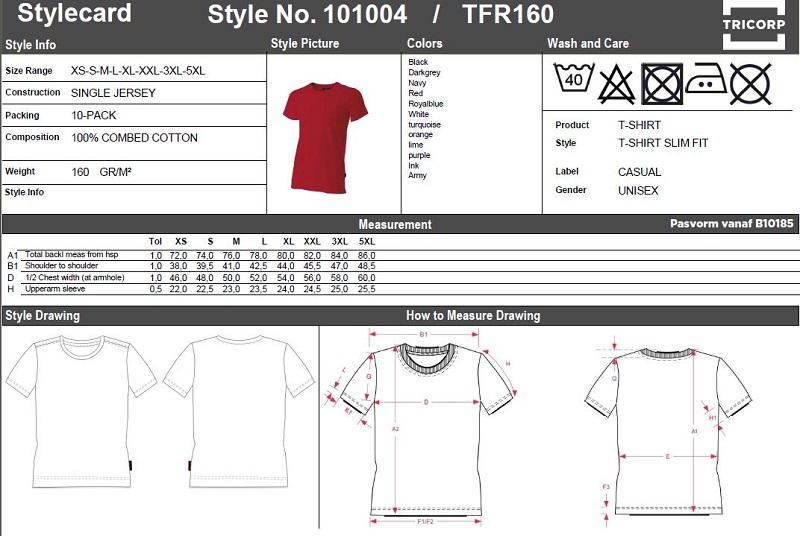 Maattabel voor T-shirt Tricorp TFR160 Fitted