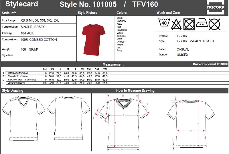 Maattabel voor T-shirt Tricorp V-Hals Fitted TFV160