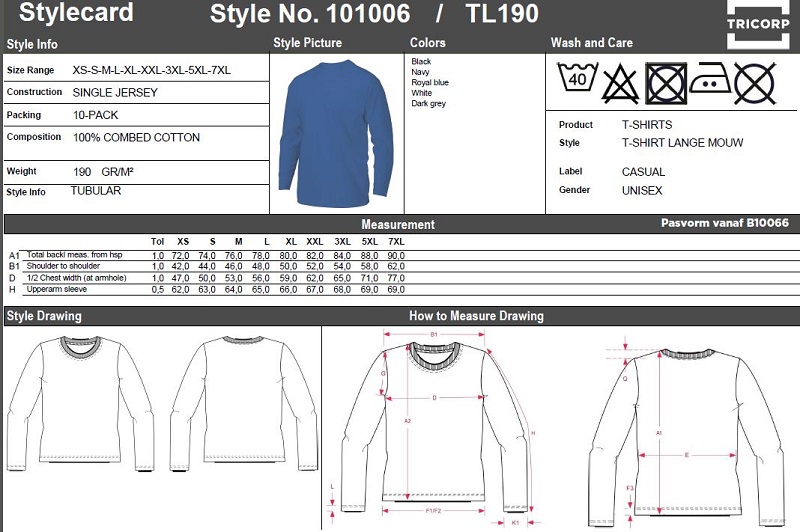 Maattabel voor T-shirt Tricorp TL190 Lange Mouw