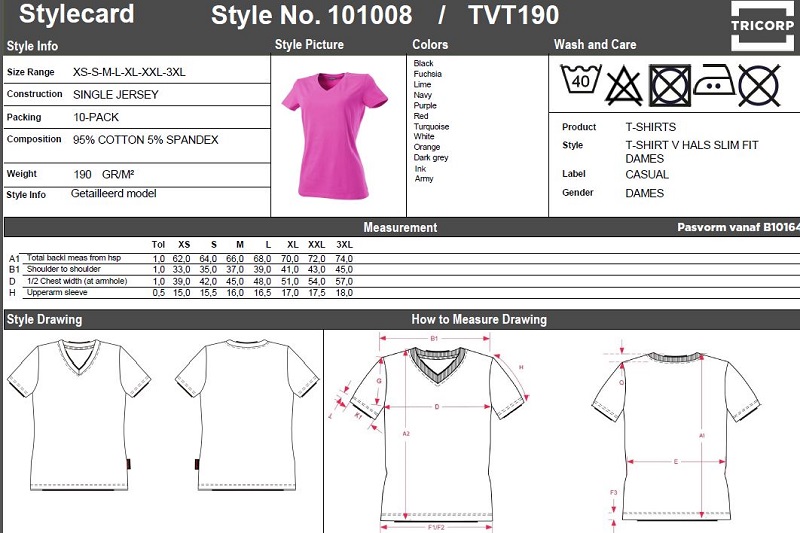 Maattabel voor Damesshirt Tricorp TVT190 V-hals