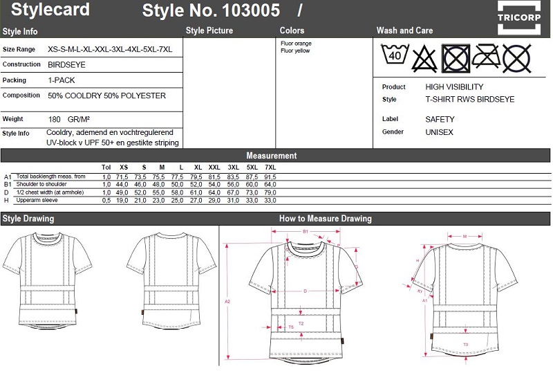 Maattabel voor T-shirt Tricorp RWS Birdseye 103005