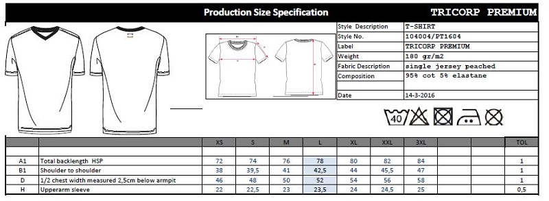 Maattabel voor Heren T-shirt Tricorp Premium V-Hals 104003