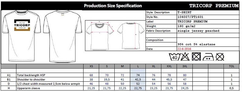 Maattabel voor Heren T-shirt Tricorp Premium 104007
