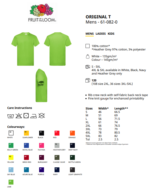 Maattabel voor 10 Fruit of the Loom Tshirts voor 25 euro