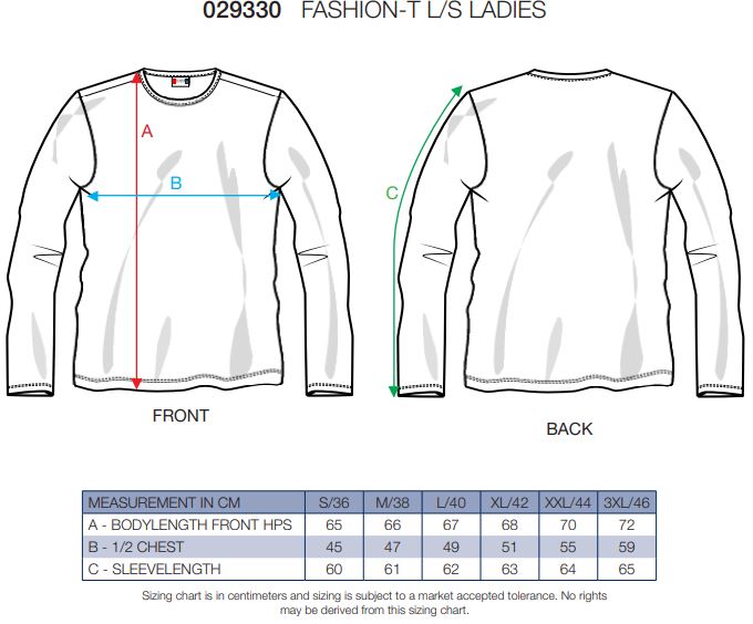 Maattabel voor Dames T-shirt Clique Fashion-T LS Bodyfit 029330