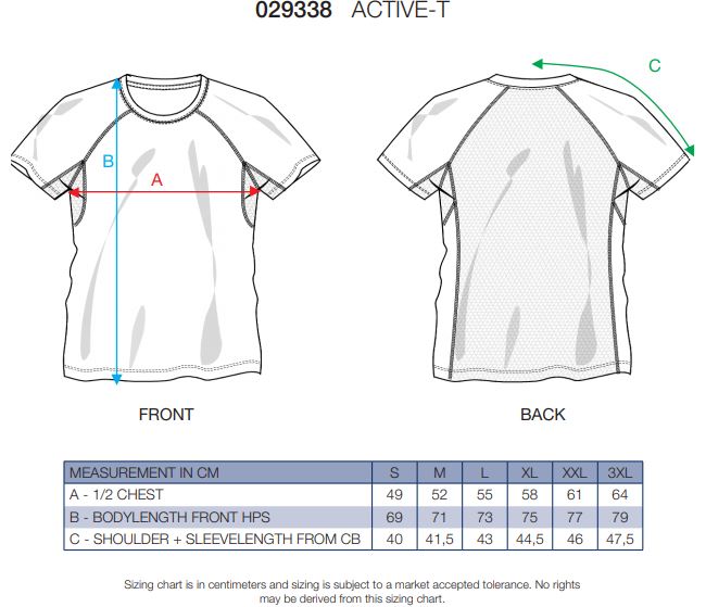 Maattabel voor T-shirt Clique Premium Active-T