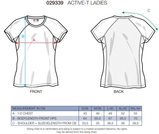 Maattabel voor Dames T-shirt Clique Premium Active-T