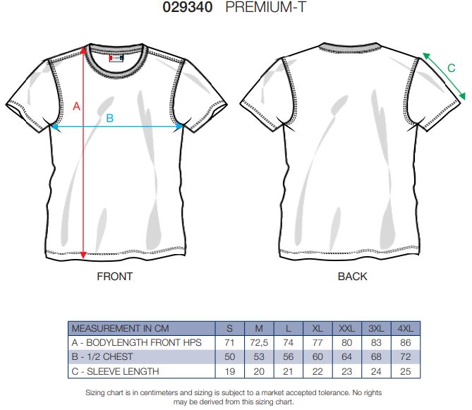 Maattabel voor T-shirt Clique Premium-T 029340