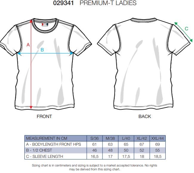 Maattabel voor Dames T-shirt Clique Premium-T 029341