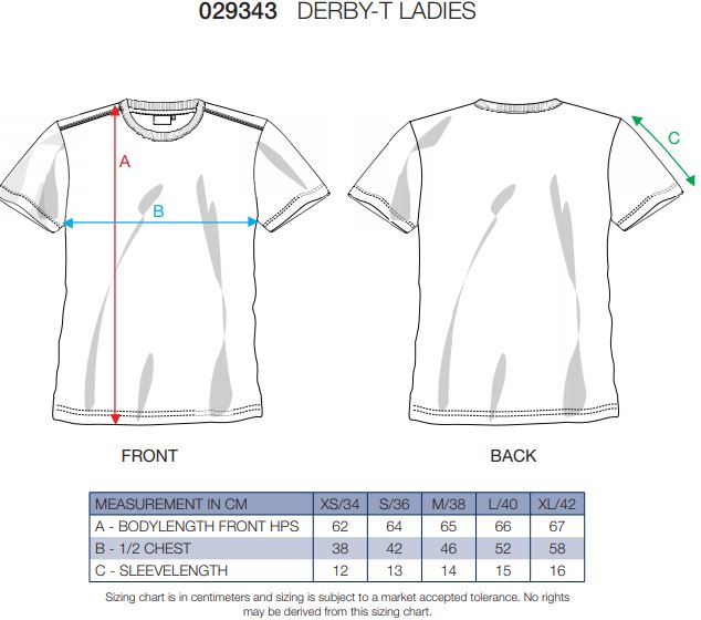 Maattabel voor Dames T-shirt Clique Derby