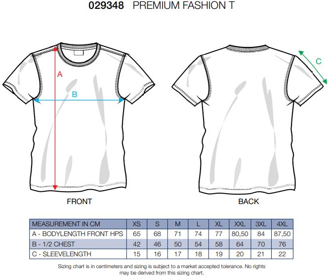 Maattabel voor T-shirt Clique Premium Fashion-T 029348