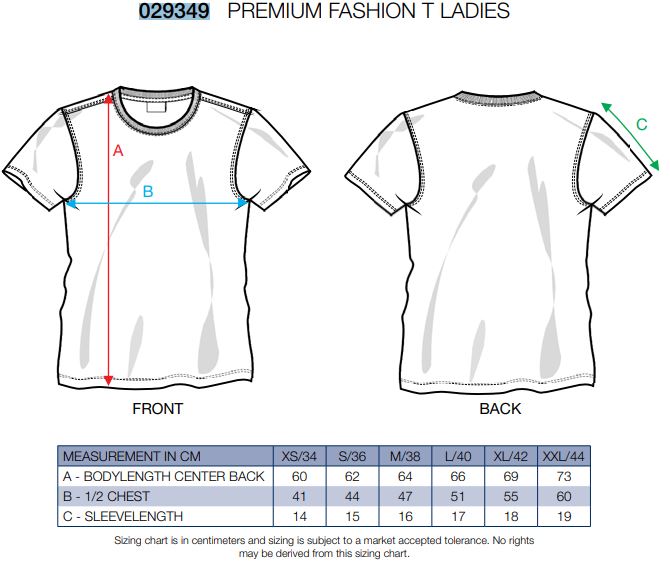Maattabel voor T-shirt Clique Premium Fashion-T Ladies 029349