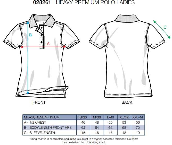 Maattabel voor Polo Clique Heavy Premium Polo Ladies 028261