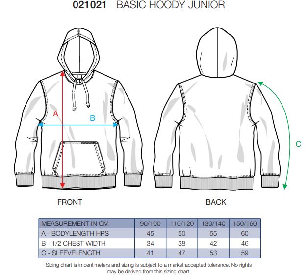 Maattabel voor Hoodie Clique Basic Junior