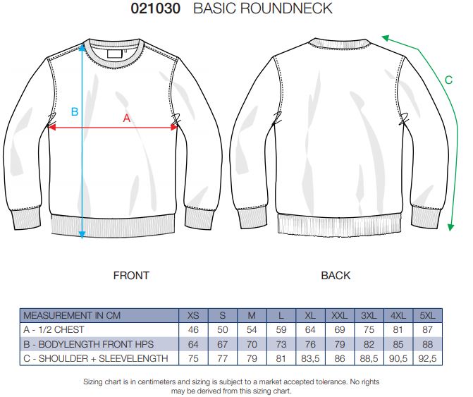 Maattabel voor Sweater Clique Basic Roundneck