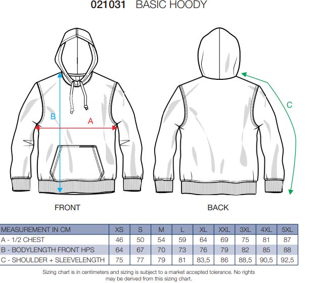 Maattabel voor Hoodie Clique Basic