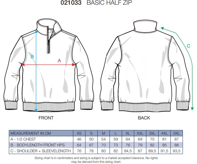 Maattabel voor Sweater Clique Basic Half-Zip