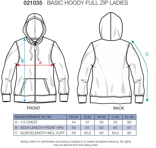 Maattabel voor Dames Hoodie Clique Basic full zip