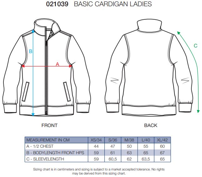 Maattabel voor Dames Cardigan Clique Basic