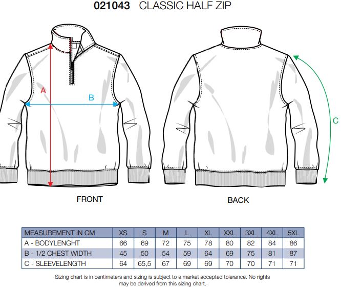 Maattabel voor Sweater Clique Classic Half Zip 021043