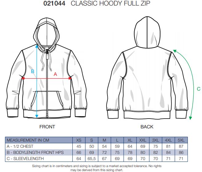 Maattabel voor Herenvest Clique Classic Full Zip 021044