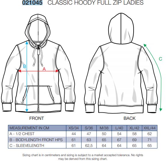Maattabel voor Damesvest Clique Classic Full Zip 021045