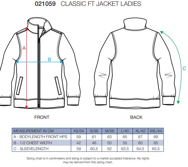 Maattabel voor Dames Sweater Clique Full Zip
