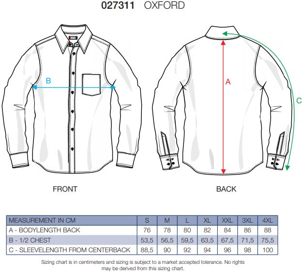 Maattabel voor Blouse Clique New Oxford Lange Mouwen