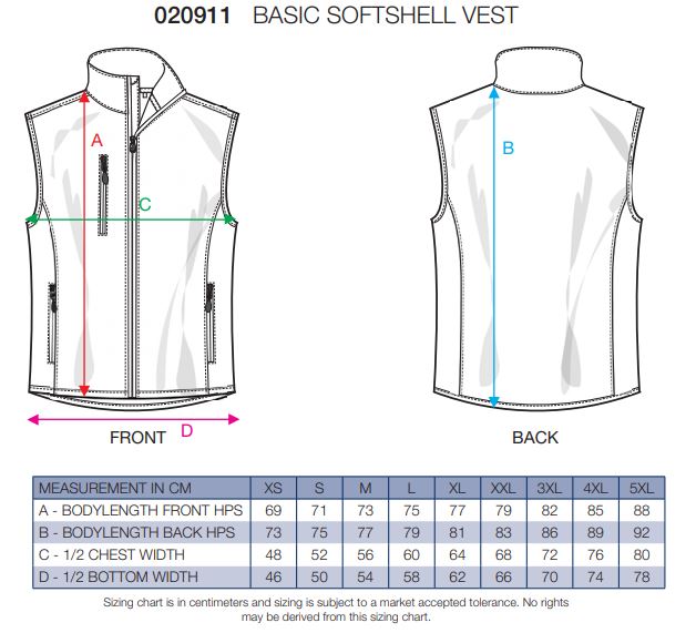 Maattabel voor Bodywarmer Clique Basic Softshell 020911