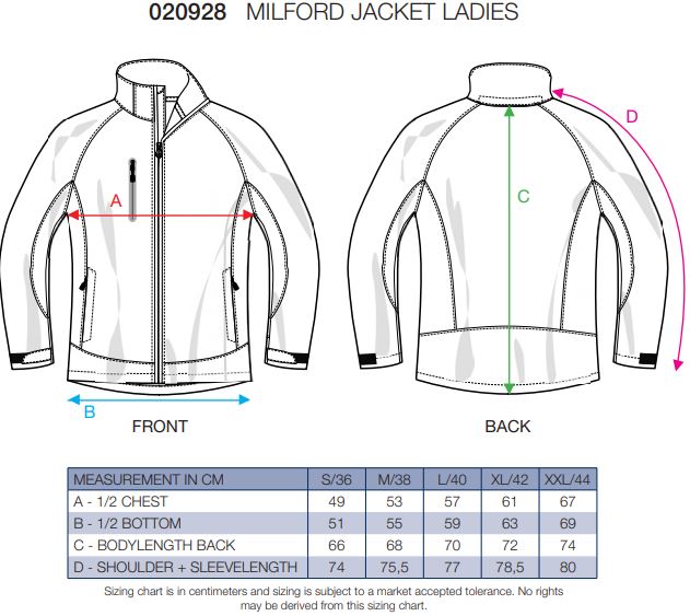 Maattabel voor Dames Jas Clique Milford Softshell