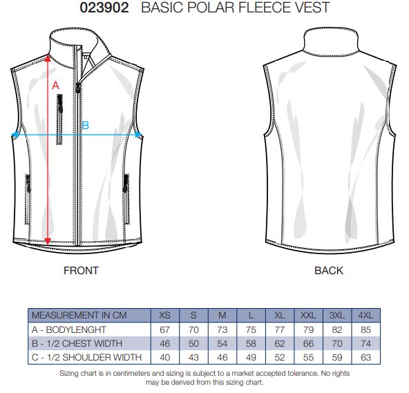 Maattabel voor Bodywarmer Clique Basic Polar Fleece Vest 023902