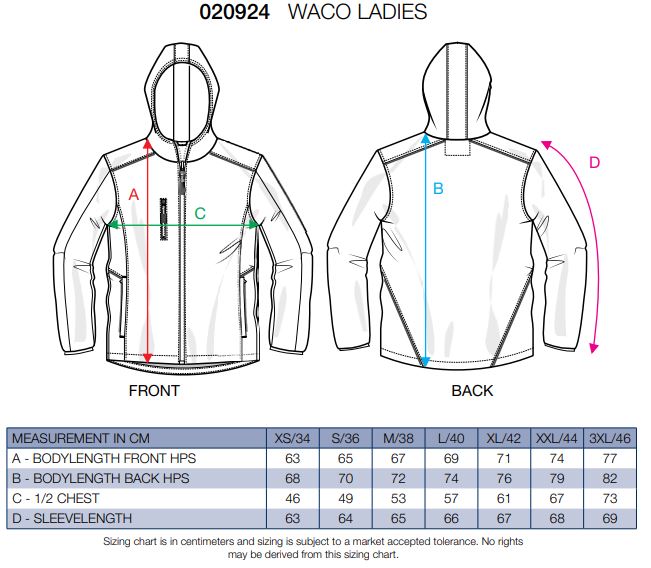 Maattabel voor Dames Softshelljas Clique Waco 020924