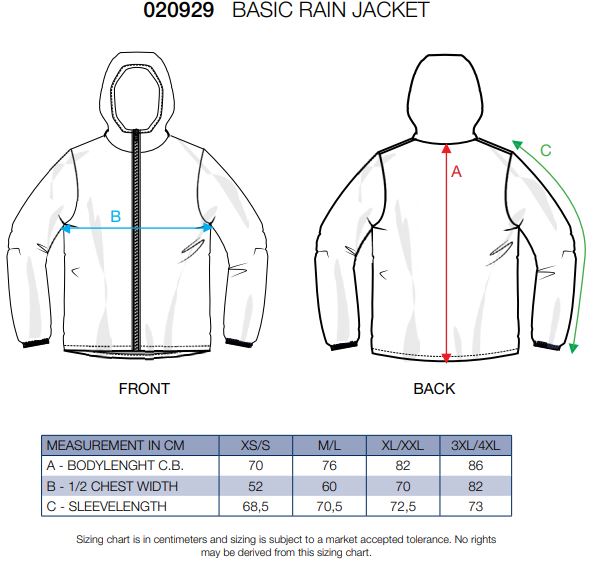 Maattabel voor Regen Jas Clique Basic Rain Jacket 020929
