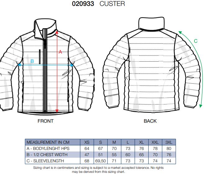 Maattabel voor Jas Clique Custer Light-Padded 020933