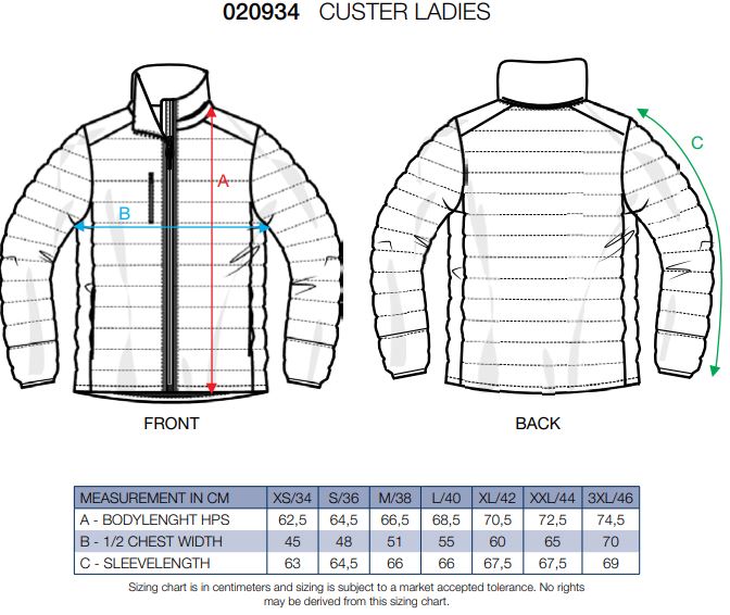 Maattabel voor Damesjas Clique Custer Light-Padded 020934