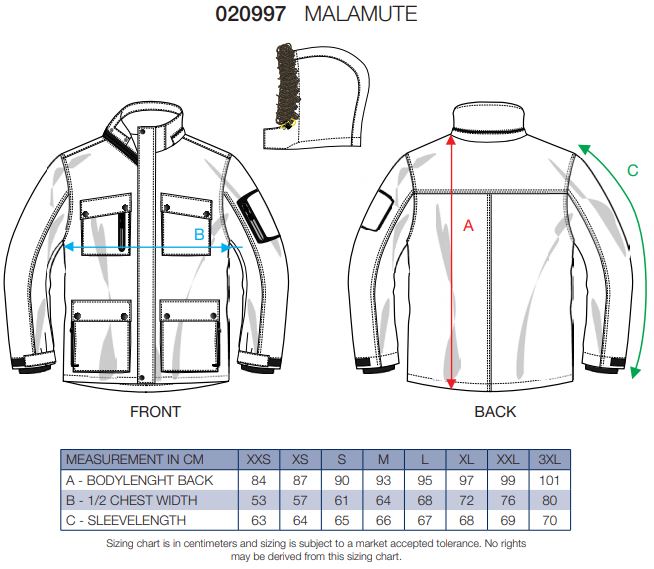 Maattabel voor Unisex parka Clique Malamute 020997